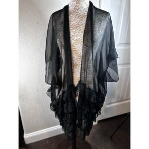 A'reve Black Ruffled Sheer Shawl Cardigan Duster Kimono OS Whimsygoth Fairy Boho